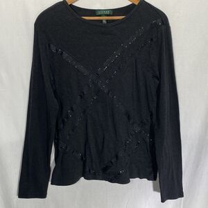 LAUREN RALPH LAUREN Blouse Ribbon Beaded Long Sleeve Pullover Top Womens L Gray